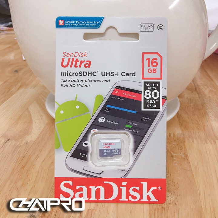 Thẻ nhớ 16GB Micro SDHC SanDisk 80Mbs Class 10 - Full HD Video chính hãng