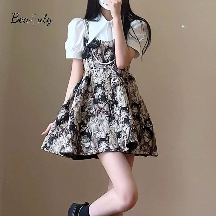 Đầm Babydoll Tay Phồng + Đầm Hai Dây In Họa Tiết Hoa Phong Cách Hàn Quốc Tinh Tế Thời Trang Cho Nữ