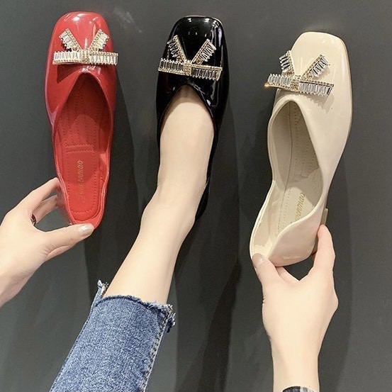 Giày bệt nữ 💎SALE💎 giày búp bê công sở xinh đính đá nơ mũi tròn đẹp da bóng đế chống trơn hàng nhập khẩu cao cấp | BigBuy360 - bigbuy360.vn