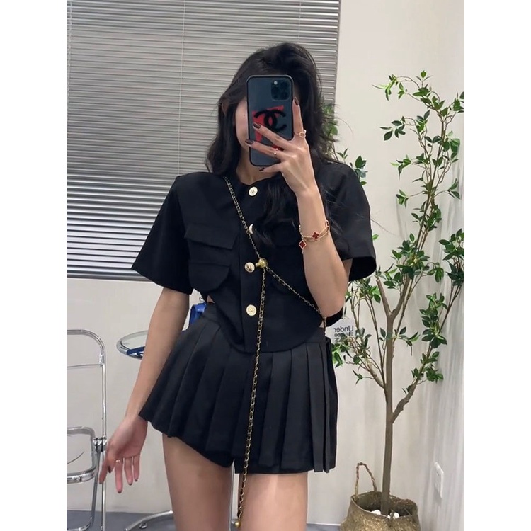 Hot!F &amp; X Set Áo Sơ Mi Phối Chân Váy Xếp Ly Eo Cao Thời Trang Mùa Hè Phong Cách Hàn Quốc Dành Cho Nữ