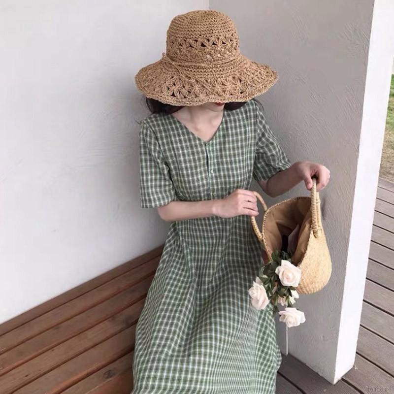 Đầm Nữ Cổ Tròn Họa Tiết Caro Thời Trang