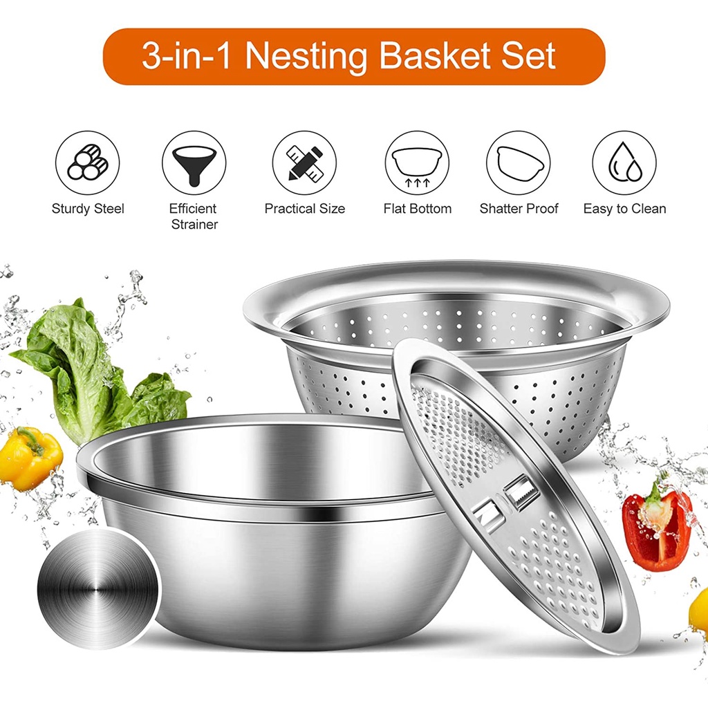 [Thánh rổ nhà bếp] Bộ Rổ Inox Kèm Nạo Rau Củ Inox 3 Chi Tiết Siêu Tiện Dụng