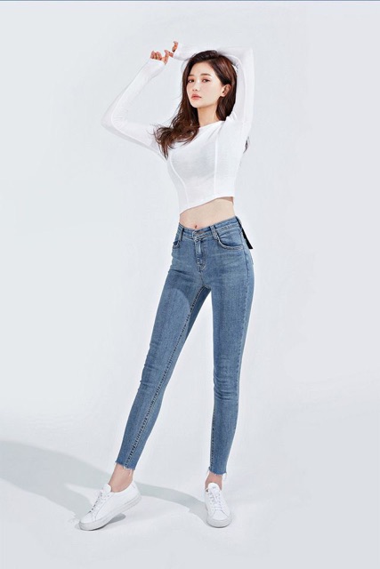 Quần skinny trơn lai cắt lưng cao