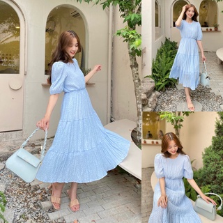 Đầm suông form rộng, Đầm babydoll màu xanh dương Cao Cấp vải đũi dáng tầng thiết kế chun eo dễ mặc - MiNhi