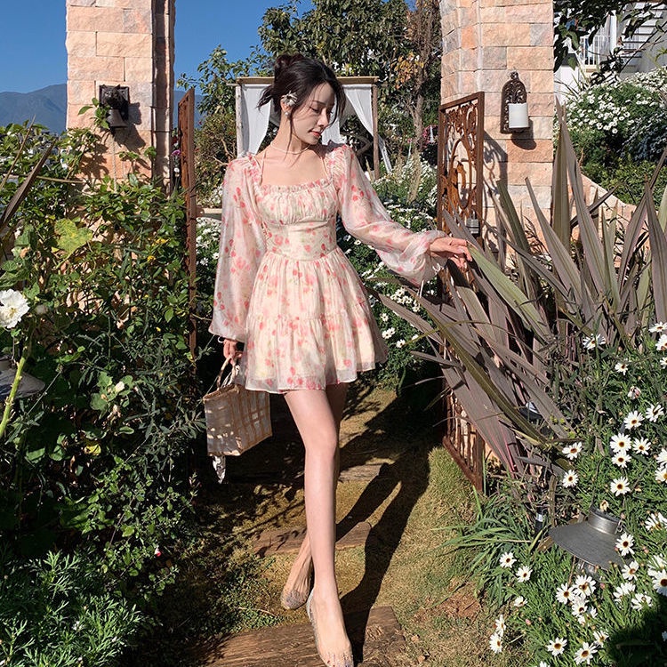 Đầm chiffon Cổ Vuông Tay Phồng Dài In Hoa tulip Thời Trang Xuân Hè 2022 Mới