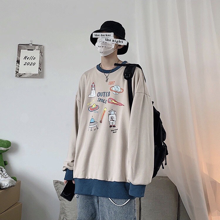 Áo sweater nỉ unisex form rộng phối 1987 Space nam nữ phong cách ulzzang Wind | BigBuy360 - bigbuy360.vn
