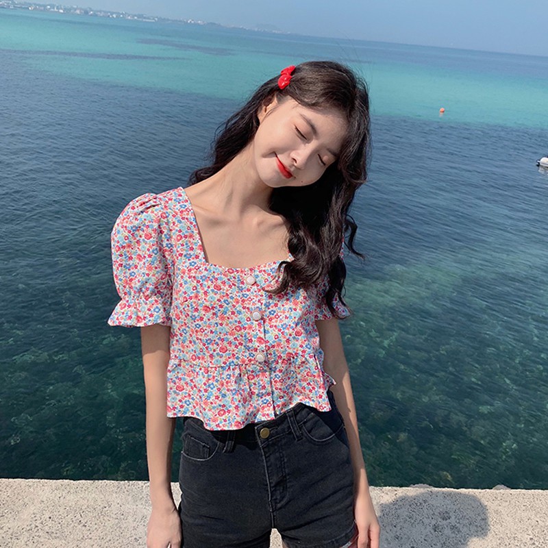 Xiaozhainv Áo nữ tay ngắn in hoa phong cách Hàn Quốc | BigBuy360 - bigbuy360.vn