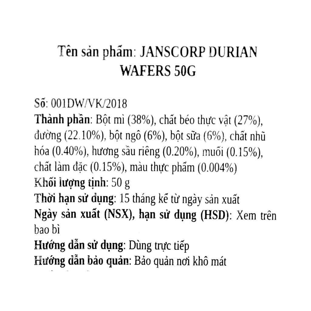 [Giá Tốt] Thùng 60 Bánh Xốp Sầu Riêng Janscorp Durian Wafers  50g - Thơm Ngon Giòn Tan Nhập Khẩu Indonesia