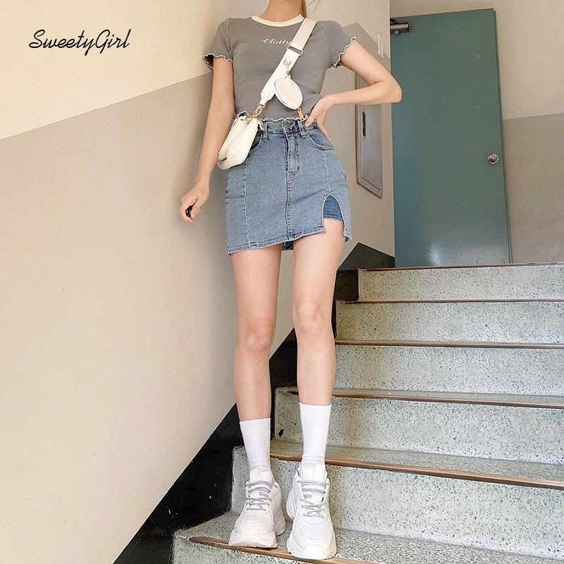 Chân váy denim eo cao xẻ tà có túi phong cách đường phố thời trang nữ