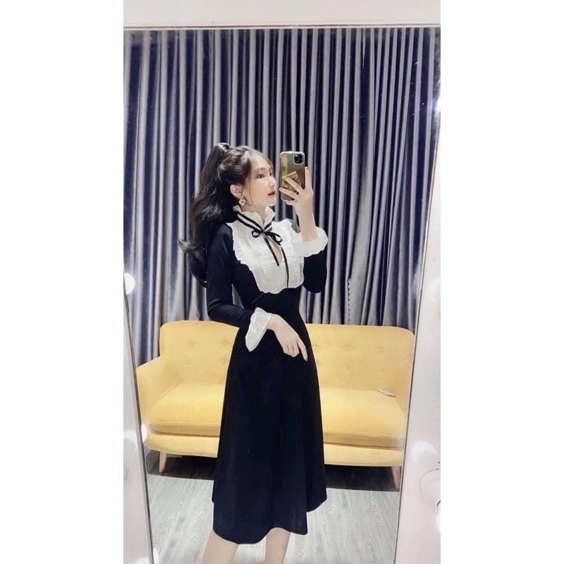 Váy Umi  dáng xoè tiểu thư  cổ phối viền bèo thắt nơ siêu đẹp (kèm ảnh thật Shop chụp