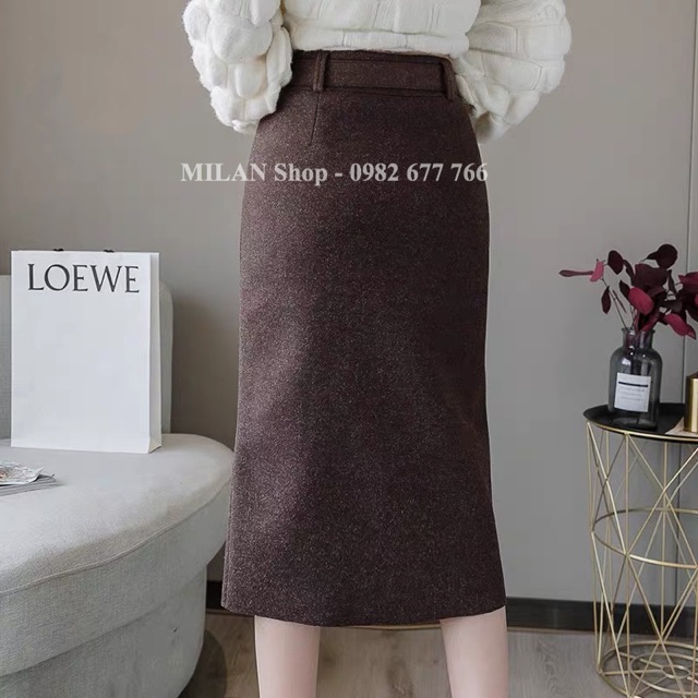 Chân váy dạ dài qua gối kèm đai trơn phom rộng | BigBuy360 - bigbuy360.vn