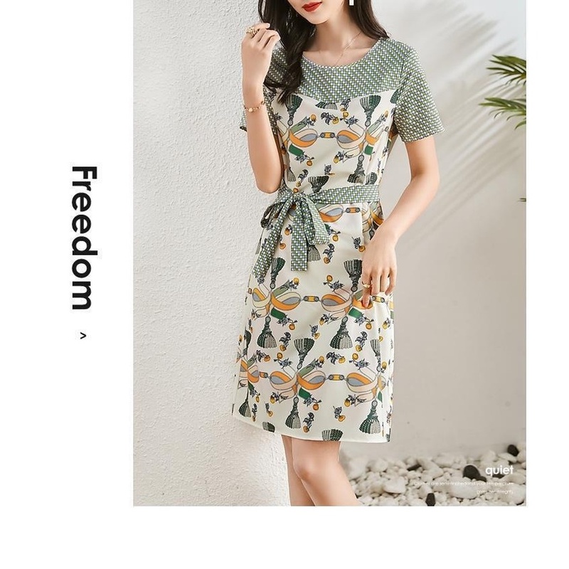 Đầm Chiết Eo In Họa Tiết Màu Sắc Tương Phản Thời Trang Mùa Hè Cho Nữ