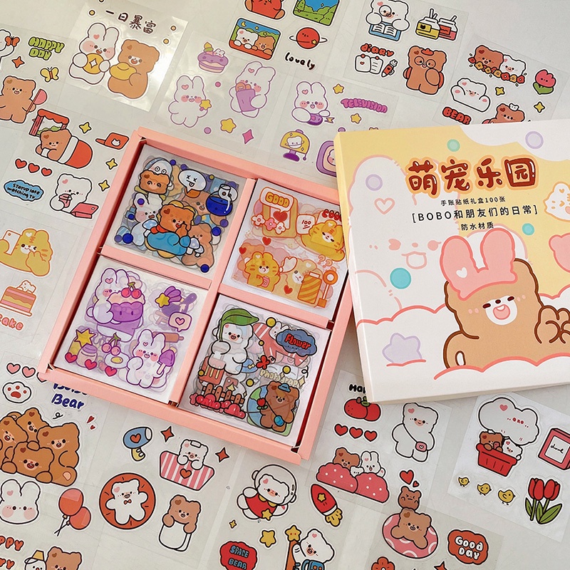 Bộ 100 Tấm Nhãn Dán Hoạt Hình Động Vật Chống Thấm Nước Trang Trí DIY