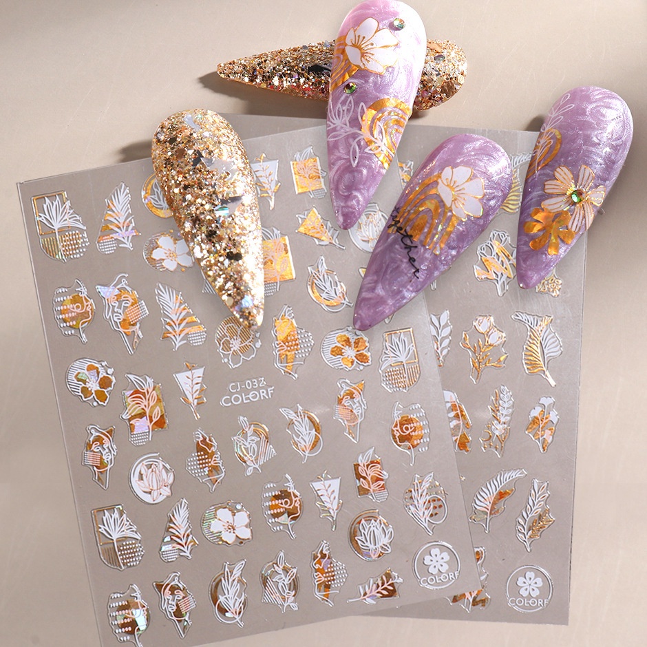 1 Tấm Sticker / Miếng Dán Trang Trí Móng Tay Họa Tiết Hình Học 3D Màu Vàng Trắng