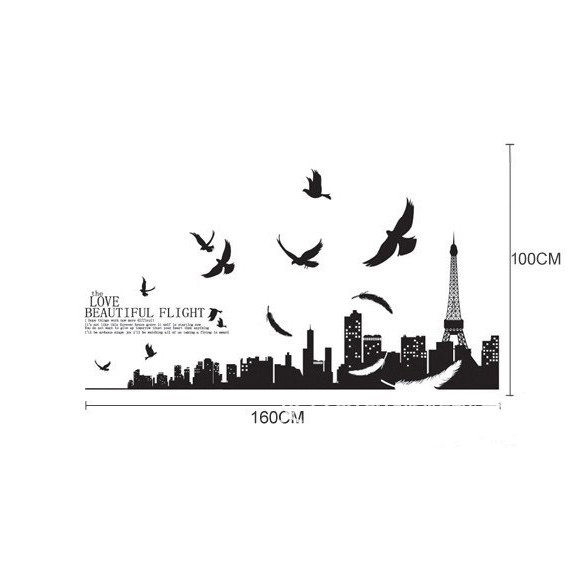 Decal trang trí tường Thành Phố và đàn Chim đen