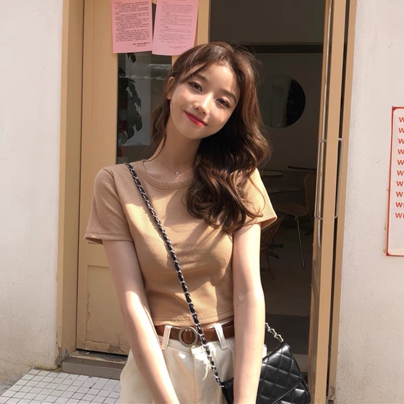 Áo phông croptop nữ kiểu dáng ôm tay ngắn cổ tròn cổ tim Áo thun nữ trơn