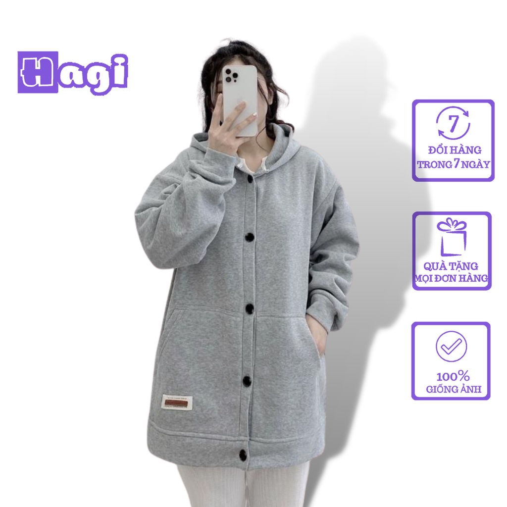 Áo khoác nỉ bông hoodie dáng dài phối nút Ulzzang Unisex