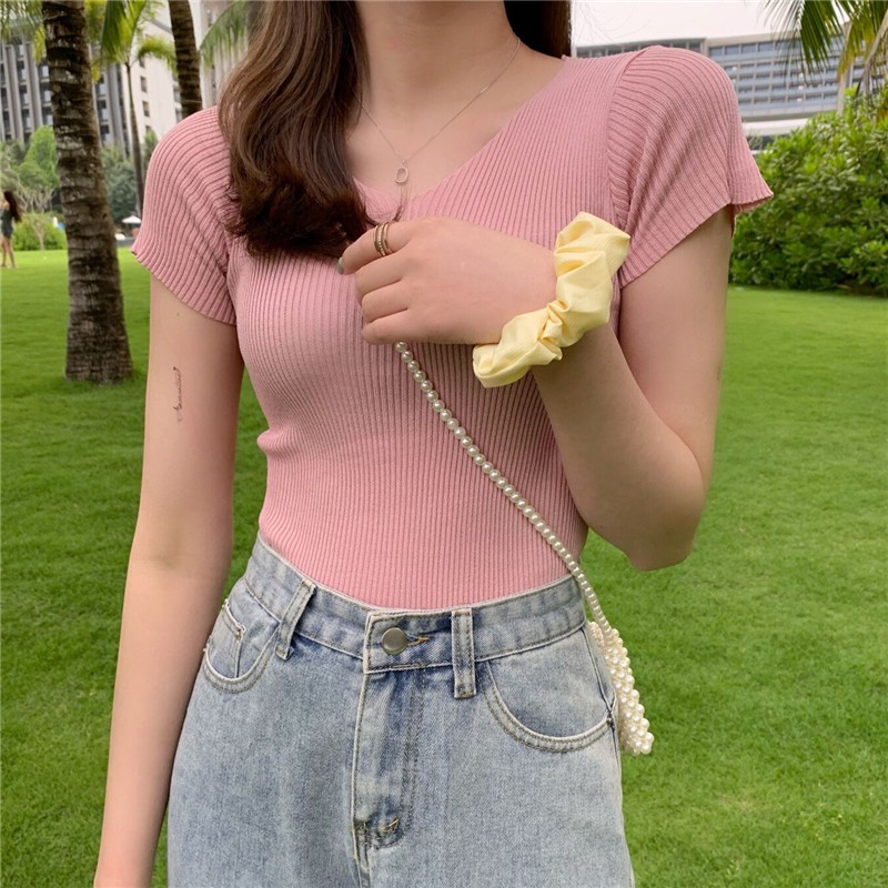 Áo Dệt Kim Ngắn Tay Cổ Chữ V Màu Trơn Thời Trang Dành Cho Nữ | BigBuy360 - bigbuy360.vn