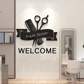 Tranh dán tường mica dán nổi cây kéo trang trí salon tóc, chữ hair shop để trống, dán tấm băng zone thủng chữ