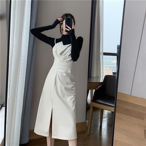 Set đầm hai dây dài màu be phong cách Pháp thời trang mùa thu cho nữ