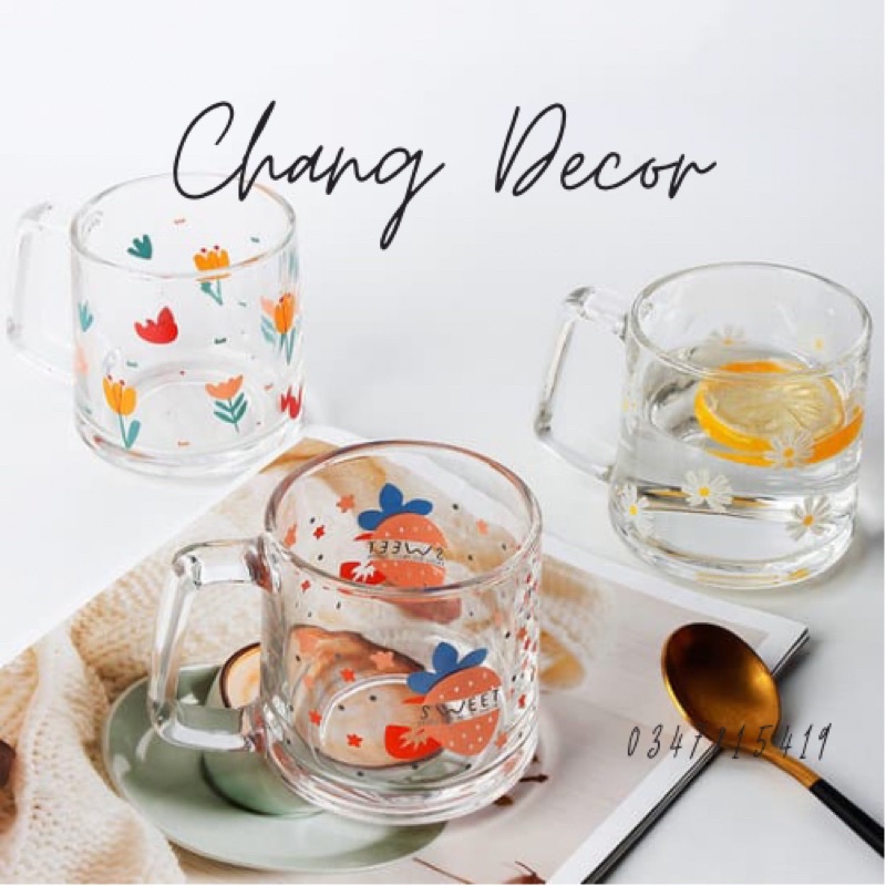 Ly Cốc thủy tinh họa tiết hoa quai cầm phong cách Hàn Quốc sẵn ít