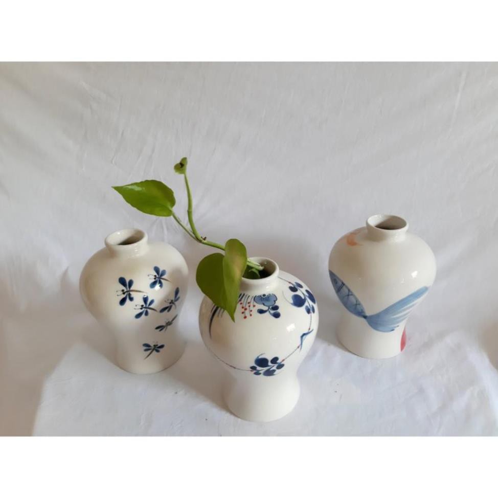 Bình hoa thắt eo miệng nhỏ vẽ hoa văn- Gốm sứ Bát Tràng cao D30* H15 cm Có ảnh thật