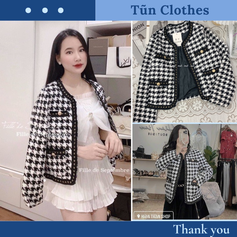 Áo khoác dạ nữ họa tiết caro túi ngang cúc ngọc phối viền xinh xắn mã T07