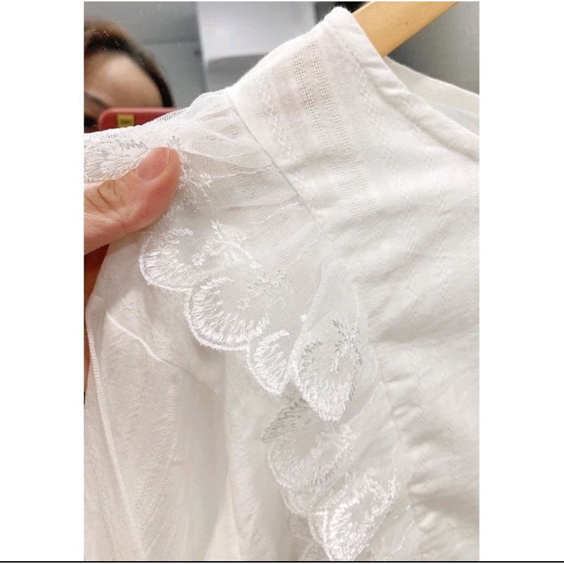 [Ảnh thật ] áo babydoll trắng viền ren bèo chun tay