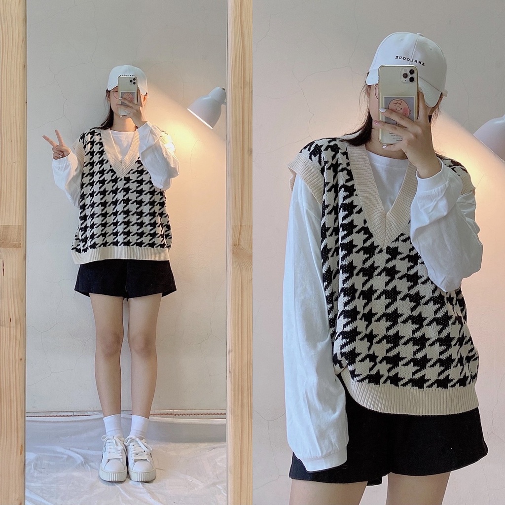 Áo gile nữ len ulzzang cổ V họa tiết hình nhện bazic Hàn Quốc
