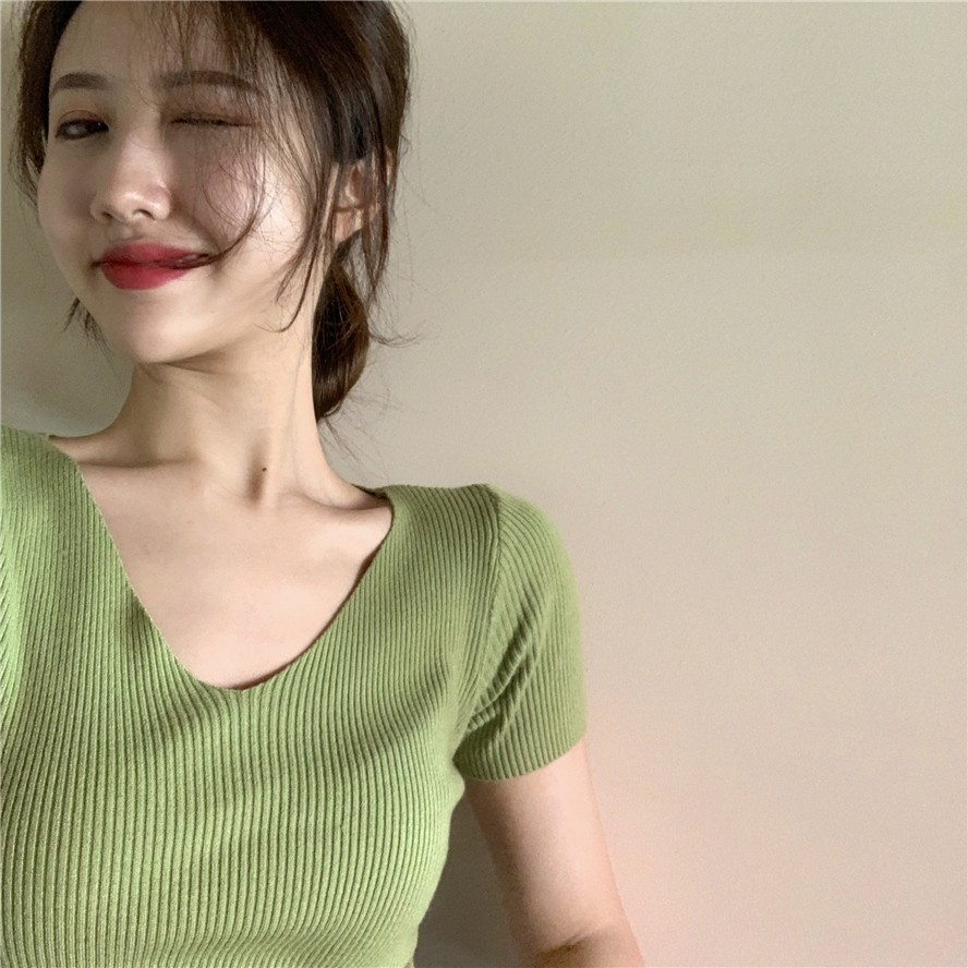 Áo thun Xiaozhainv ngắn tay xẻ cổ chữ V thời trang cho nữ 10 màu tùy chọn