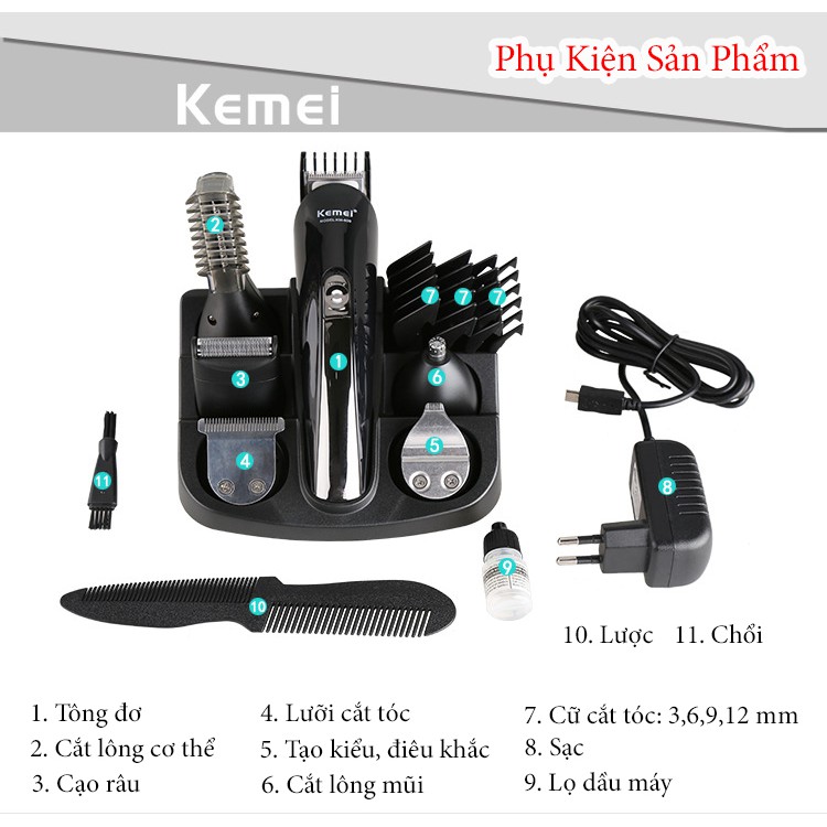 Tông đơ cắt tóc đa năng 6 in 1 kemei KM600 dành cho người Việt