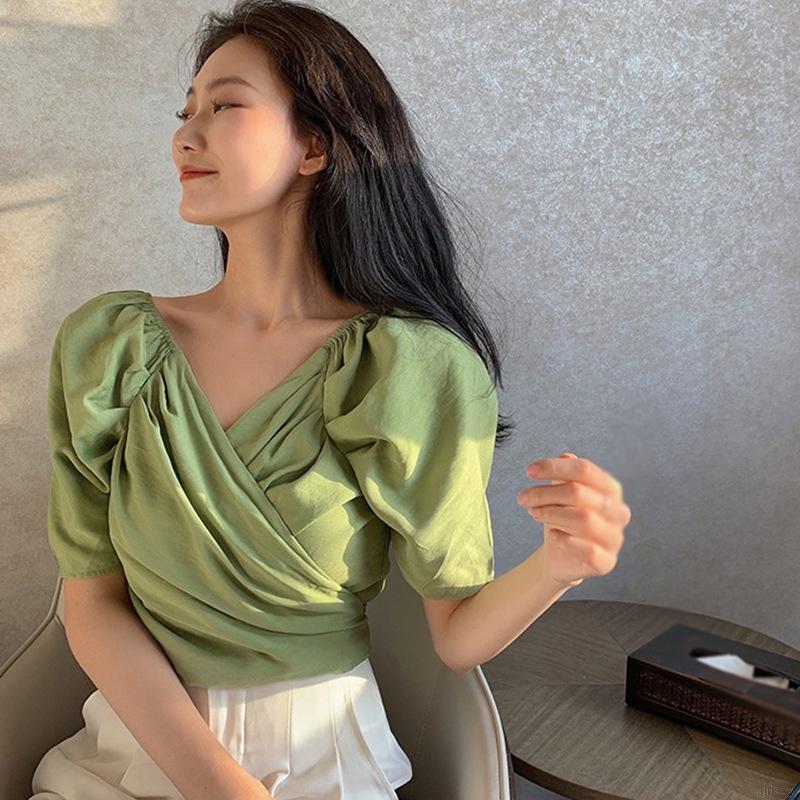 Áo Kiểu Nữ Ngắn Tay Cổ Chữ V Thời Trang Hàn