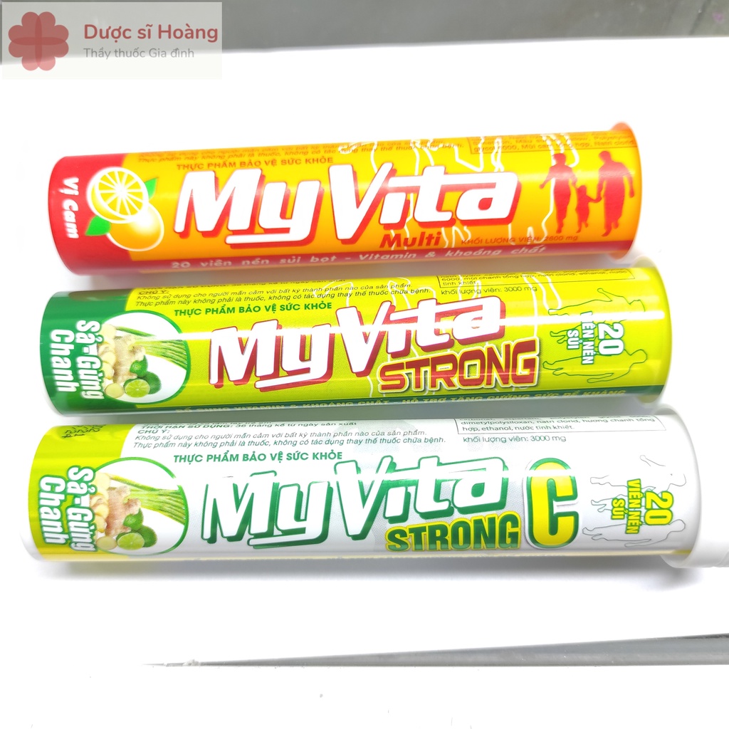 Viên Sủi Myvita Strong C & Strong 250mg vitamin C (xả - chanh - gừng) vs Myvita Multi Cam tuýp 20 Myvita Cam