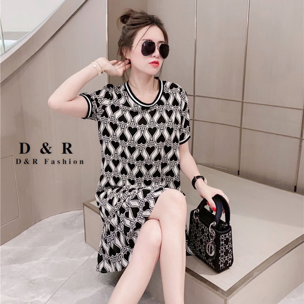 Đầm suông, váy xuông lụa cao cấp họa tiêt kiểu dáng tay  ngắn DR Fashion có size S M L XL XXL