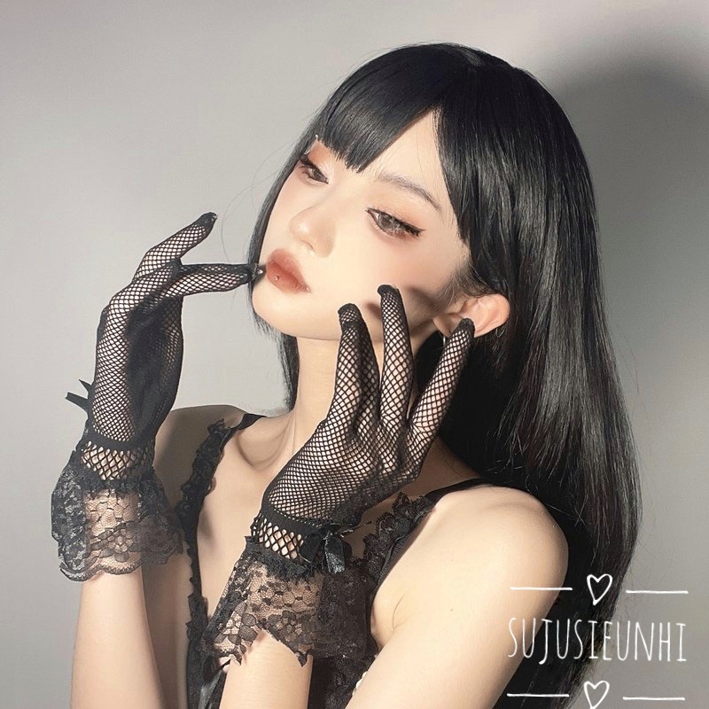 (3 mẫu) găng tay lưới ngắn tới cổ tay ren bèo đính nơ phong cách lolita