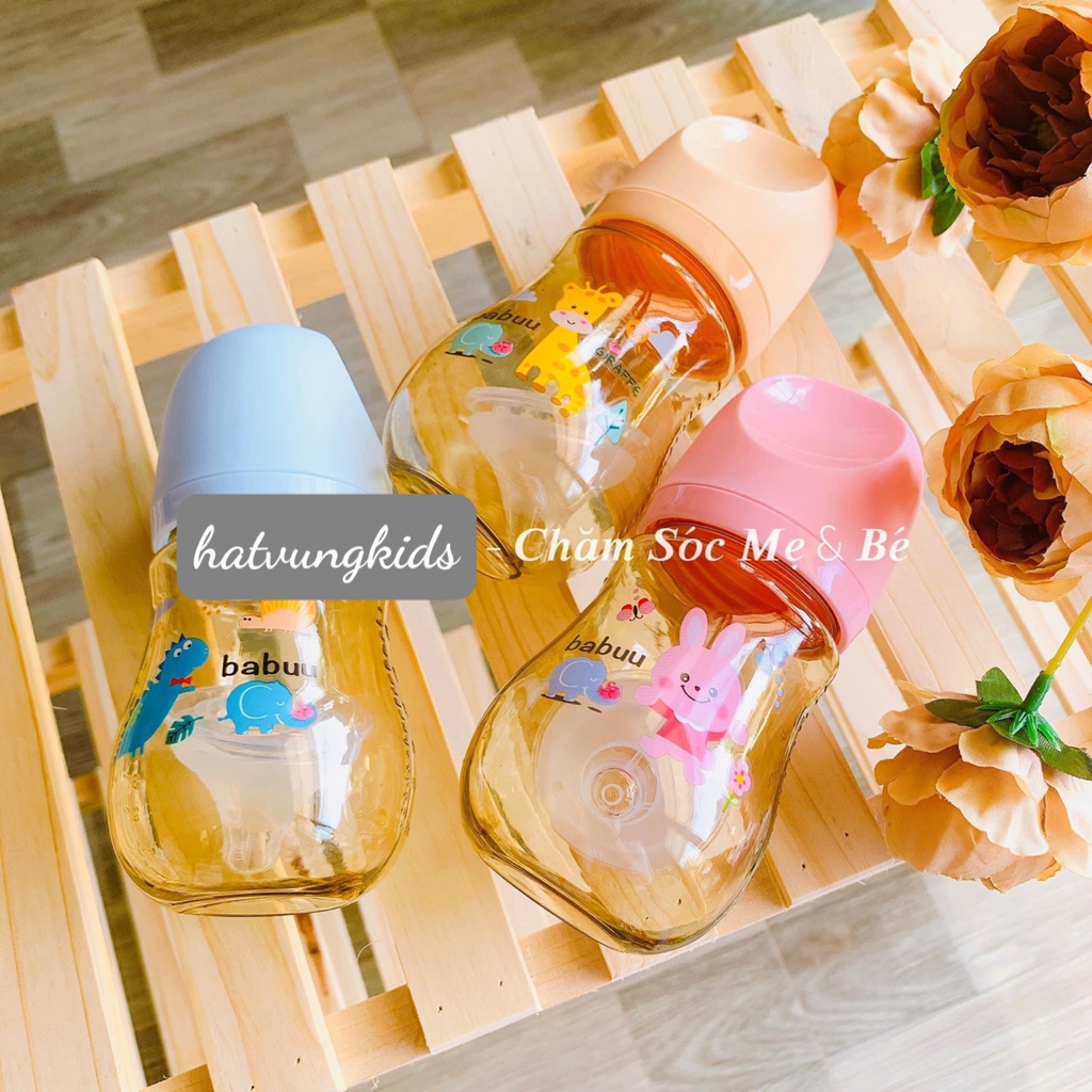 Bình sữa Babuu cổ rộng PPSU cao cấp 240ml, 300ml  kèm tay cầm ( tặng 1 núm siêu mềm)