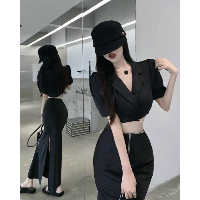 Set áo vest đen croptop tay ngắn + chân váy body xẻ đùi phối đá Đầm váy đi chơi dạo phố du lịch dự tiệc sang trọng