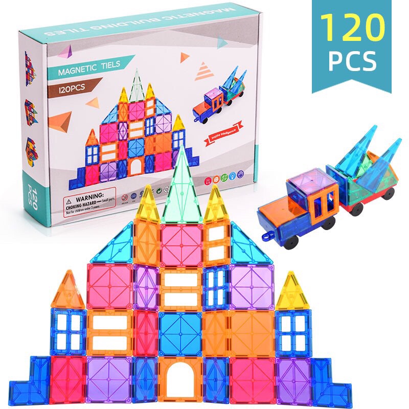 [Mẫu mới] Đồ chơi xếp hình nam châm trong suốt MAGNETIC TIELS 120 chi tiết miếng ghép từ tính