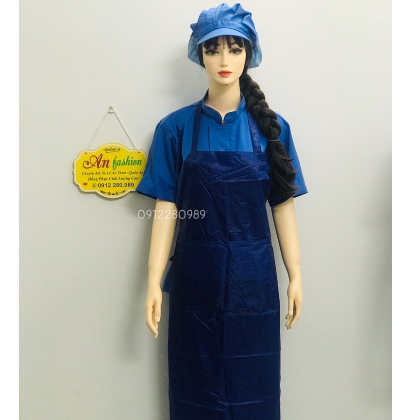 Tạp dề yếm chống thấm nước màu xanh dương dài 1m2 có túi, Tạp dề thủy sản _ Hình chụp thật