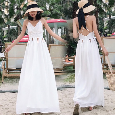 Maldives siêu Cổ Tích trắng hở lưng váy liền đầm bãi biển Thái Lan tôn dáng mẫu mới mùa hè 2020