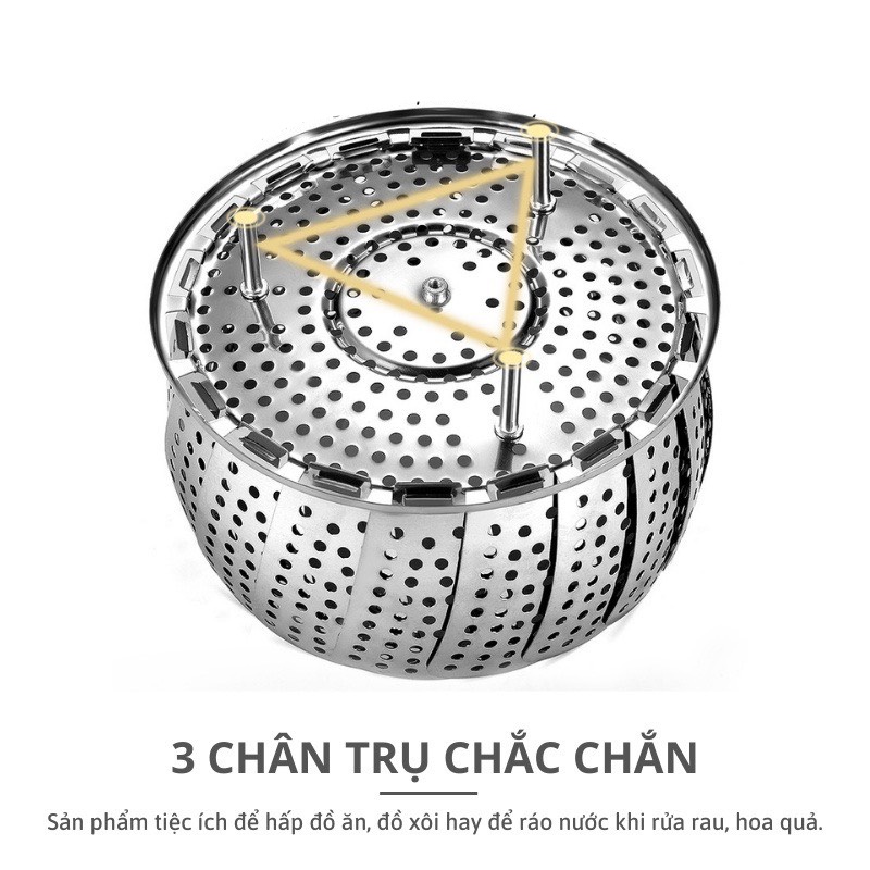 Vỉ hấp gấp gọn inox cao cấp - có chân đế, núm cầm (Hàng nhập, có hộp)