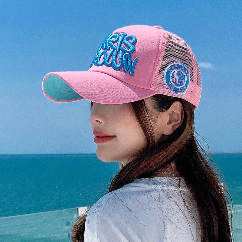 Mũ Lưỡi Trai Phối Lưới Mỏng Thêu Họa Tiết Màu Hồng Thời Trang Mùa Hè Thoáng Khí Cho Nữ