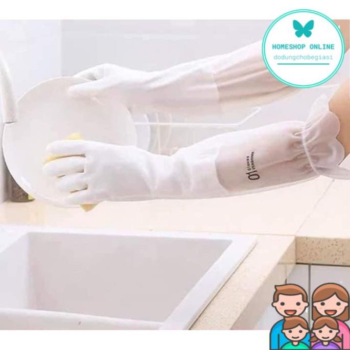Găng Tay Rửa Chén Bát Lót Nỉ Siêu Dai Dài Tay - Cổ cao - Có chun chống tụt 88237