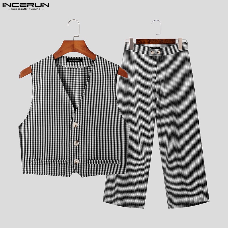 Set áo ghi lê và quần dài INCERUN họa tiết caro thời trang cho nam