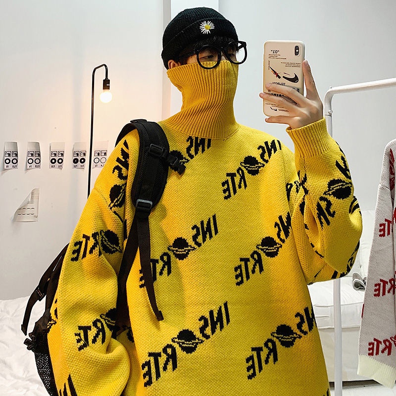 Áo Sweater Cotton Dệt Kim Cổ Lọ Dáng Rộng Phong Cách Hàn Quốc Thời Trang Mùa Đông Cho Nam Giới