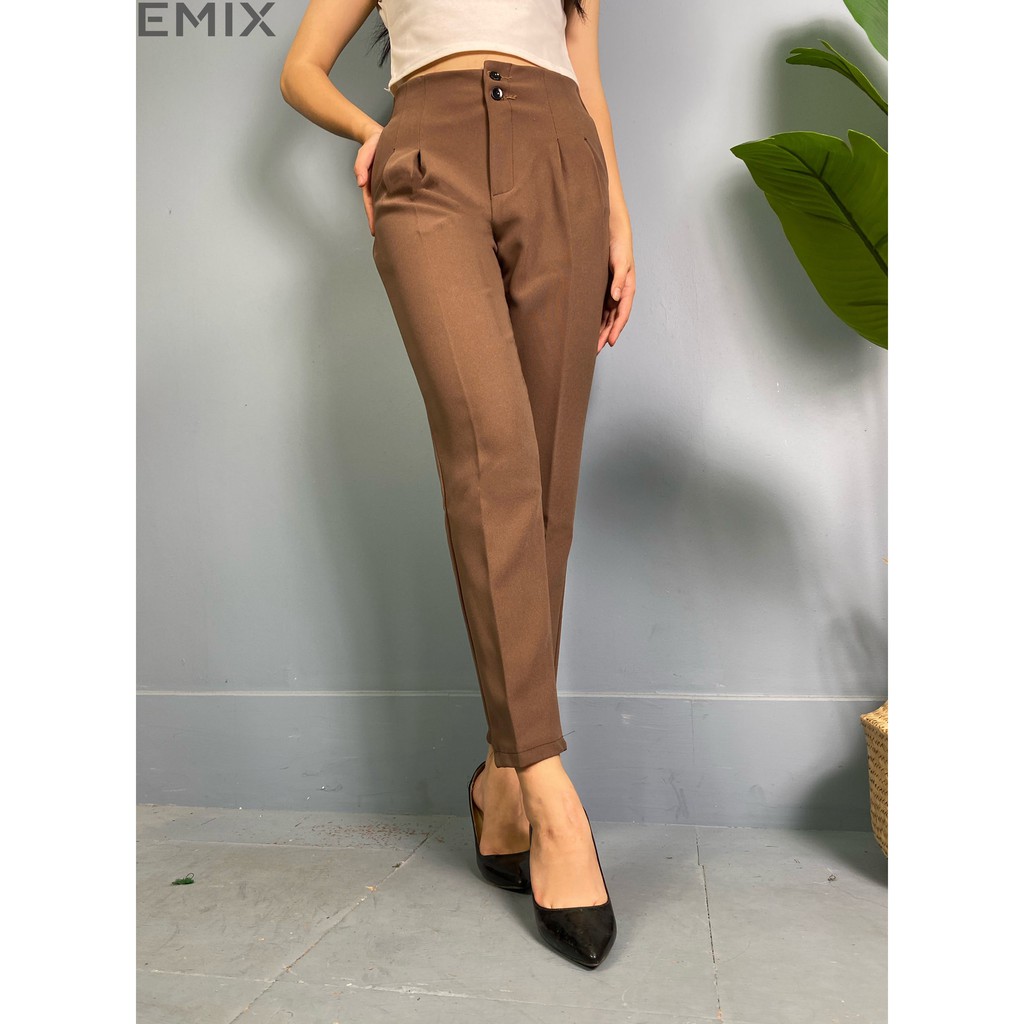 Quần tây nữ baggy 2 ly EMIX (màu nâu), công sở, dáng dài, cạp cao, 2 cúc, vải tuyết mưa ít giãn, mềm mịn 208