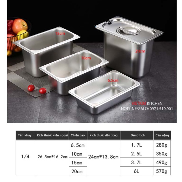 Khay đựng thạch topping trà sữa GN inox 304 cao cấp có nắp (sâu 10cm)