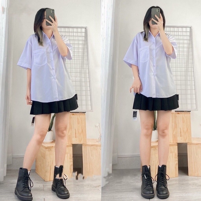 Áo Sơ Mi Nữ Form Rộng Tay Lỡ Kiểu Dáng Basic Dáng Suông Style Đi Học Hàng Loại 1