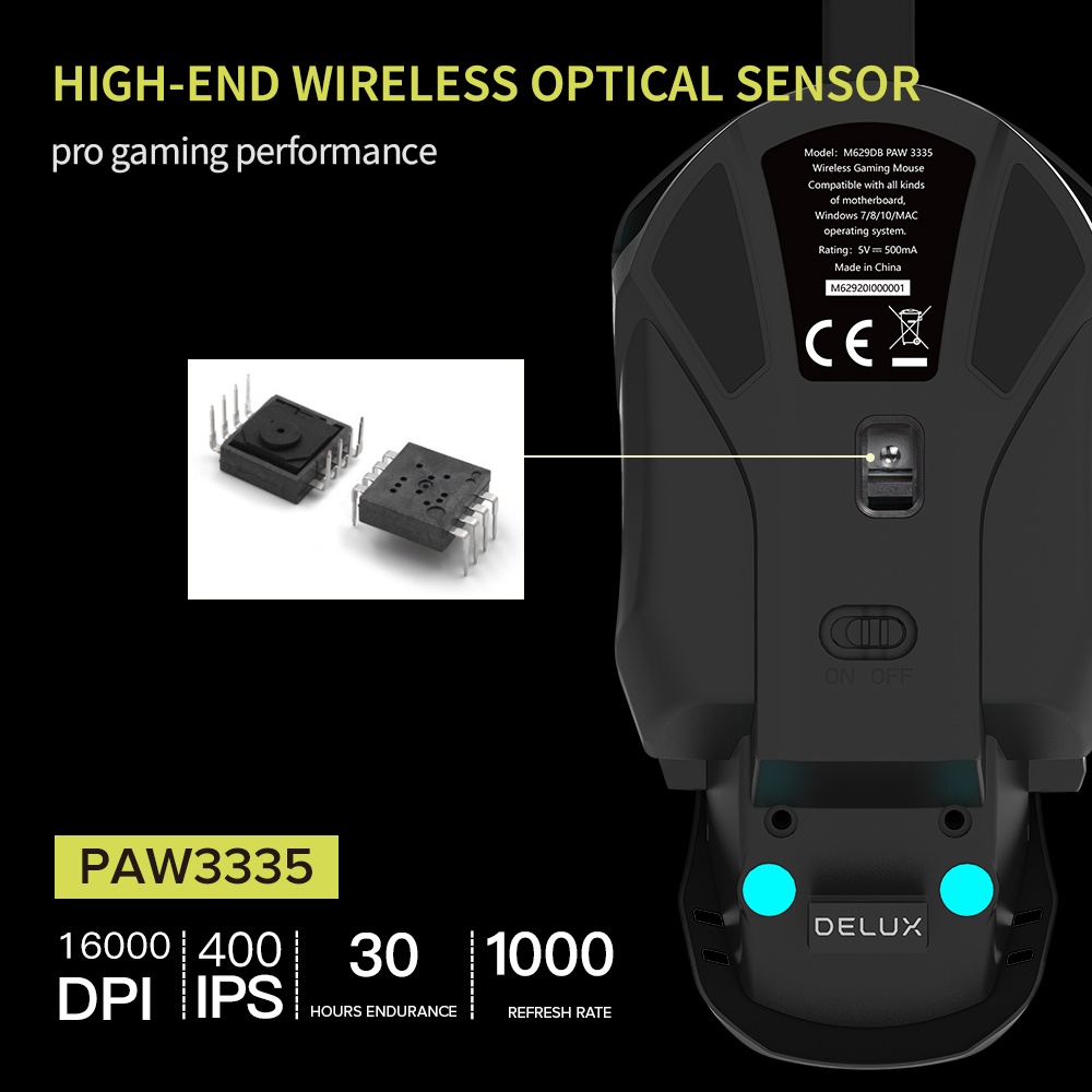 Chuột quang DELUX M629 RGB 1000Hz không dây DIY dành cho máy tính bàn