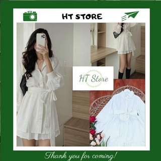 Set áo sơ mi chân váy đũi nữ thắt eo Ulzzang, Set sơ mi chân váy trắng tiểu thư mã 044 - HT STORE